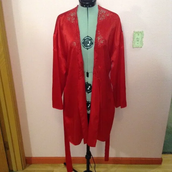 Vintage 1990s '90s Victoria's Secret Red Satin Robe with Belt - Picture 4 of 8
